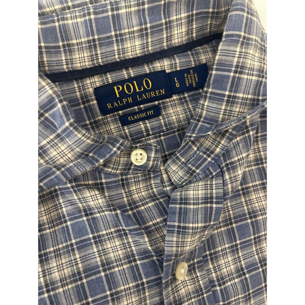 Polo Ralph Lauren Shirt Mens Large Blue Plaid Classic Fit Cotton Long Sleeve